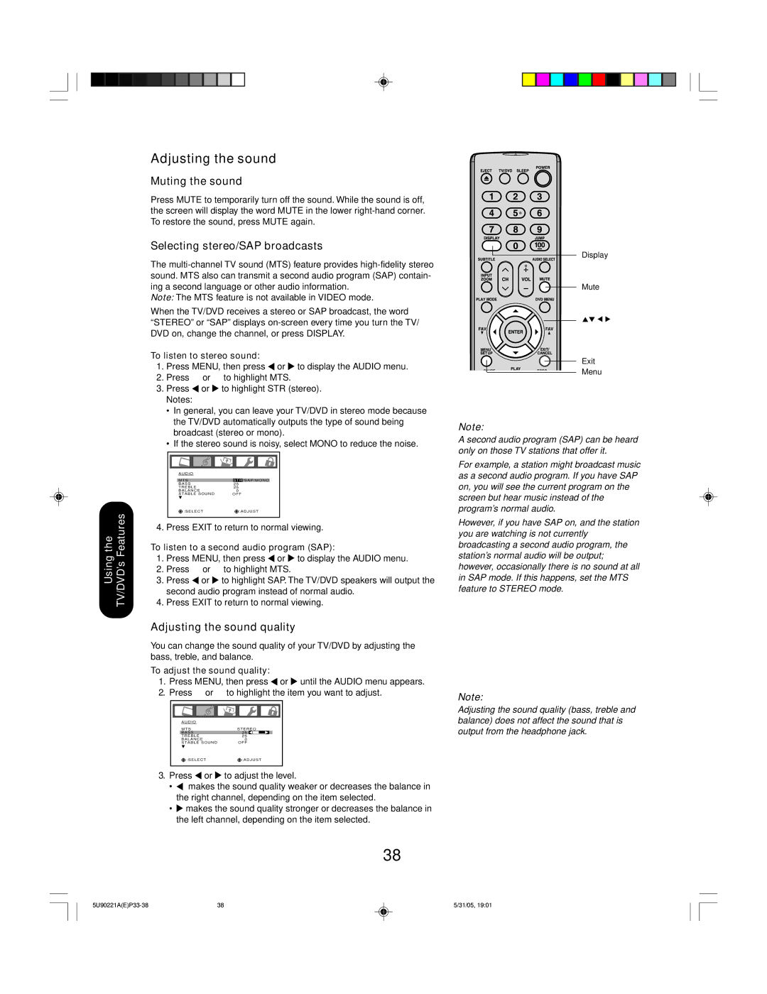 Toshiba 20HLV15 appendix Muting the sound, Selecting stereo/SAP broadcasts, Adjusting the sound quality 