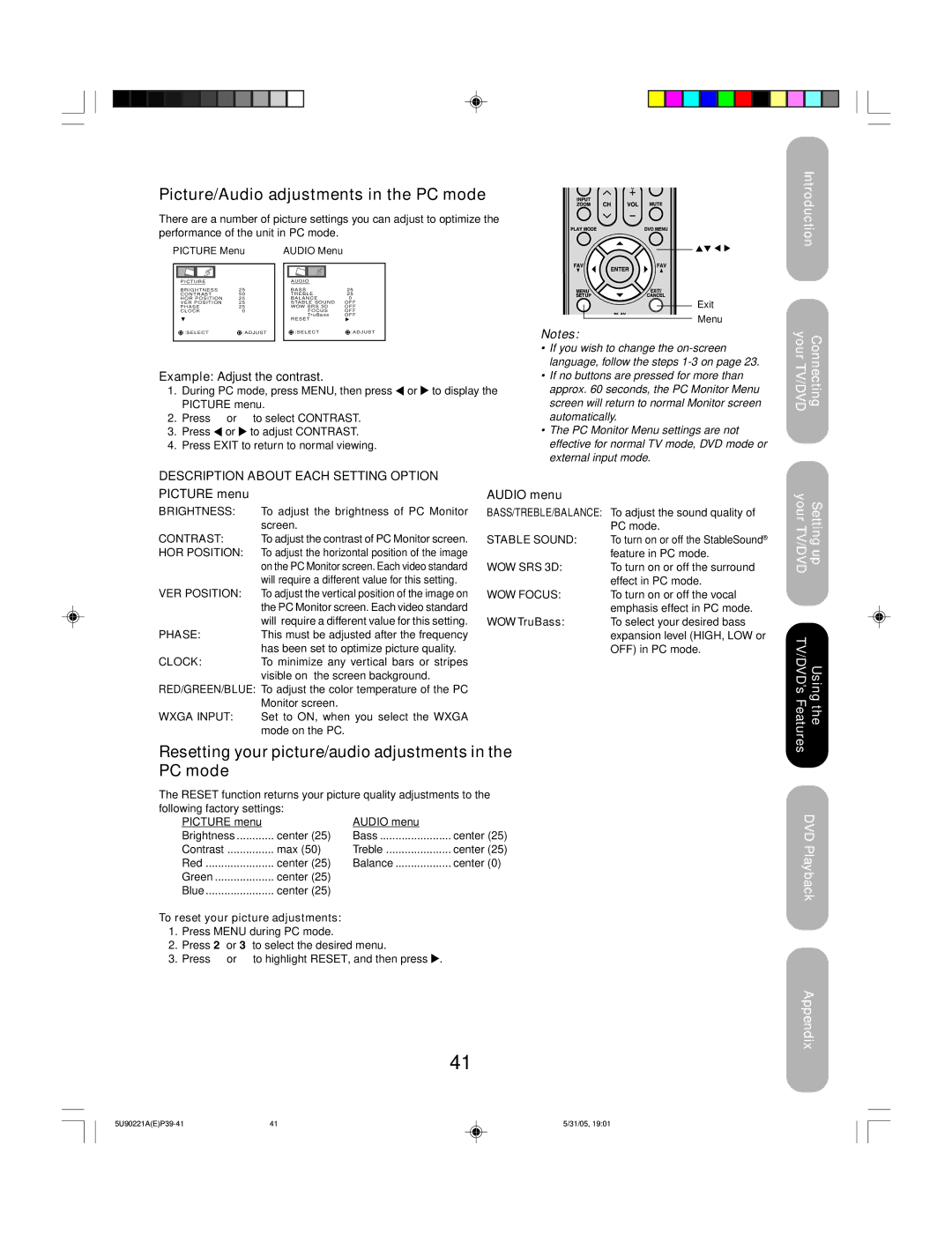 Toshiba 20HLV15 appendix Picture/Audio adjustments in the PC mode, Resetting your picture/audio adjustments in the PC mode 