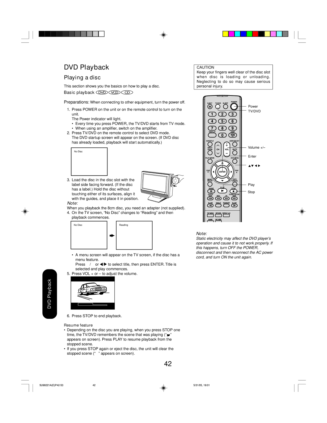 Toshiba 20HLV15 appendix Playing a disc, Basic playback DVD VCD CD, Resume feature 