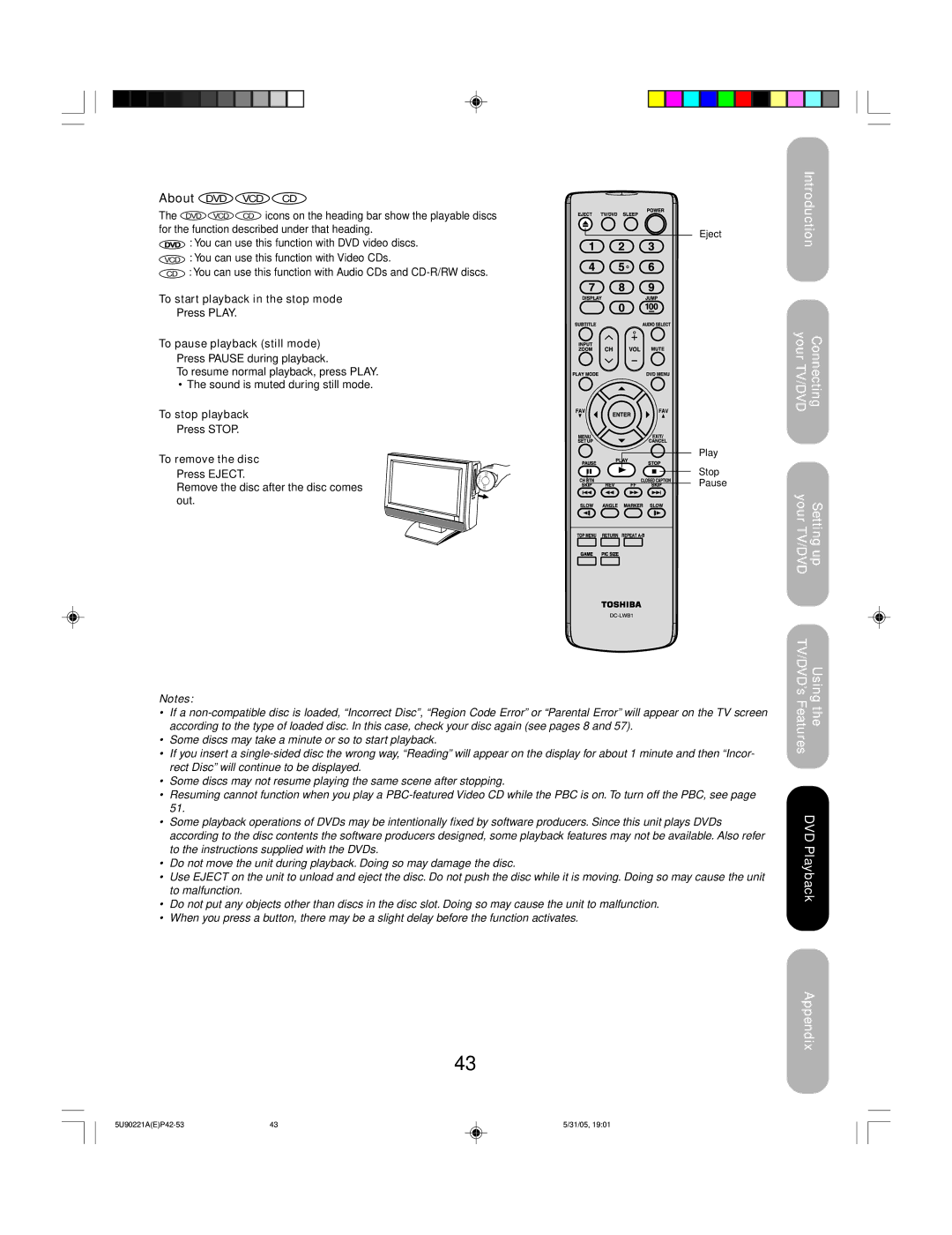 Toshiba 20HLV15 To start playback in the stop mode, To pause playback still mode, To stop playback, To remove the disc 