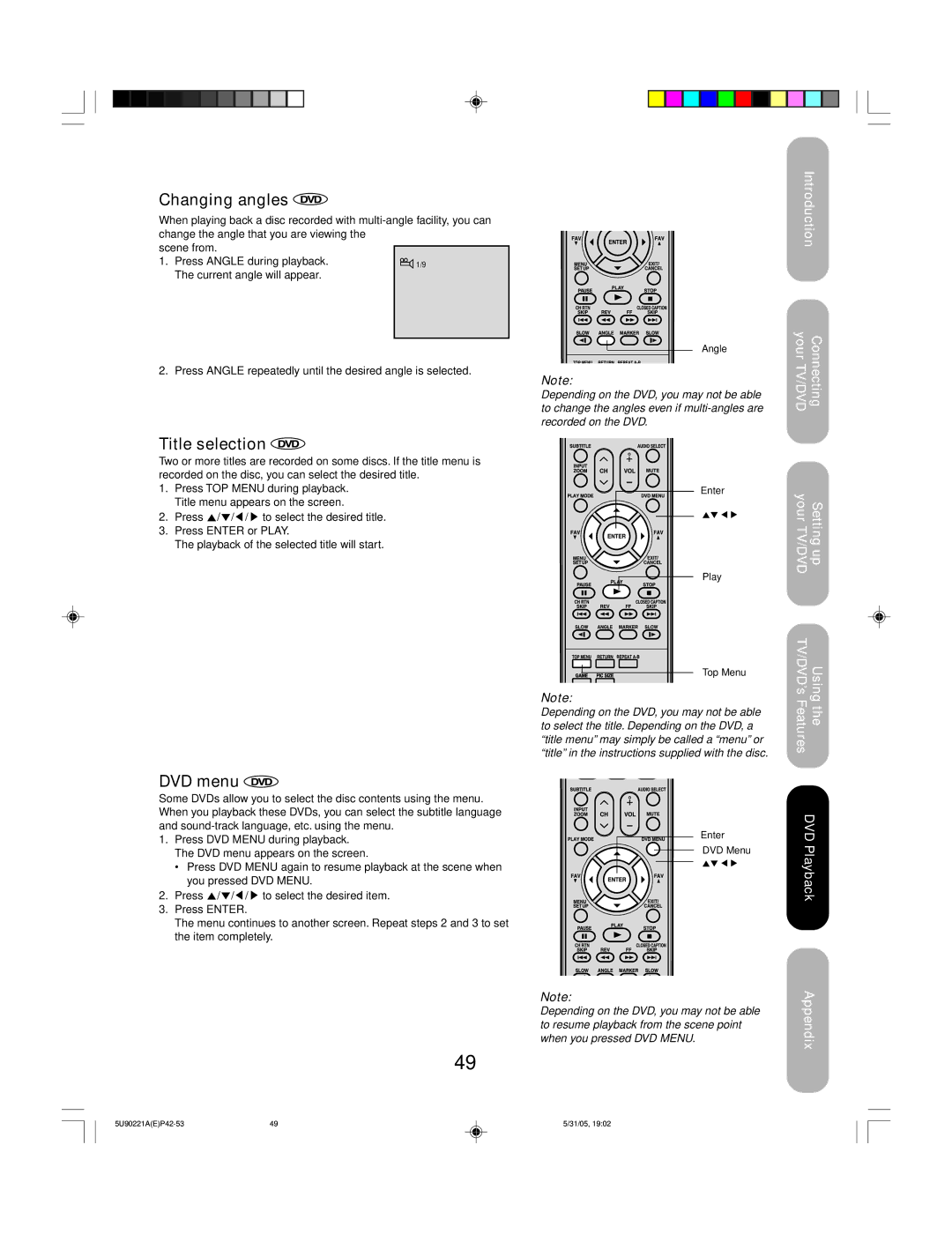 Toshiba 20HLV15 appendix Changing angles, Title selection, DVD menu 