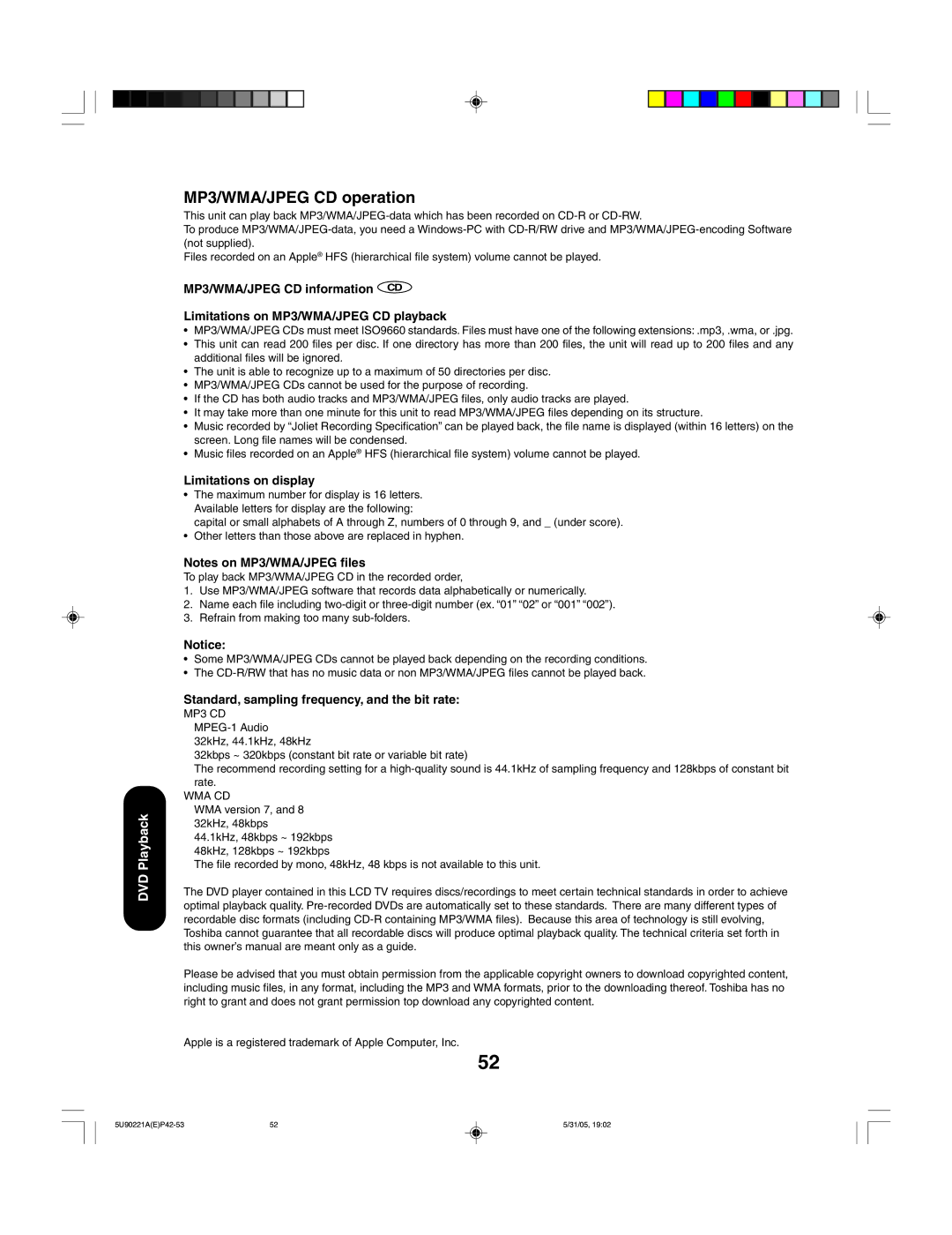 Toshiba 20HLV15 appendix MP3/WMA/JPEG CD operation, Limitations on display, Standard, sampling frequency, and the bit rate 