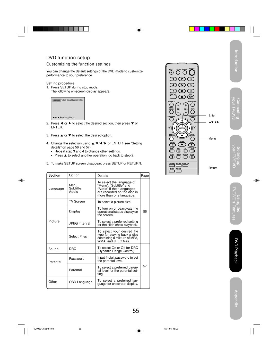 Toshiba 20HLV15 appendix DVD function setup, Customizing the function settings 