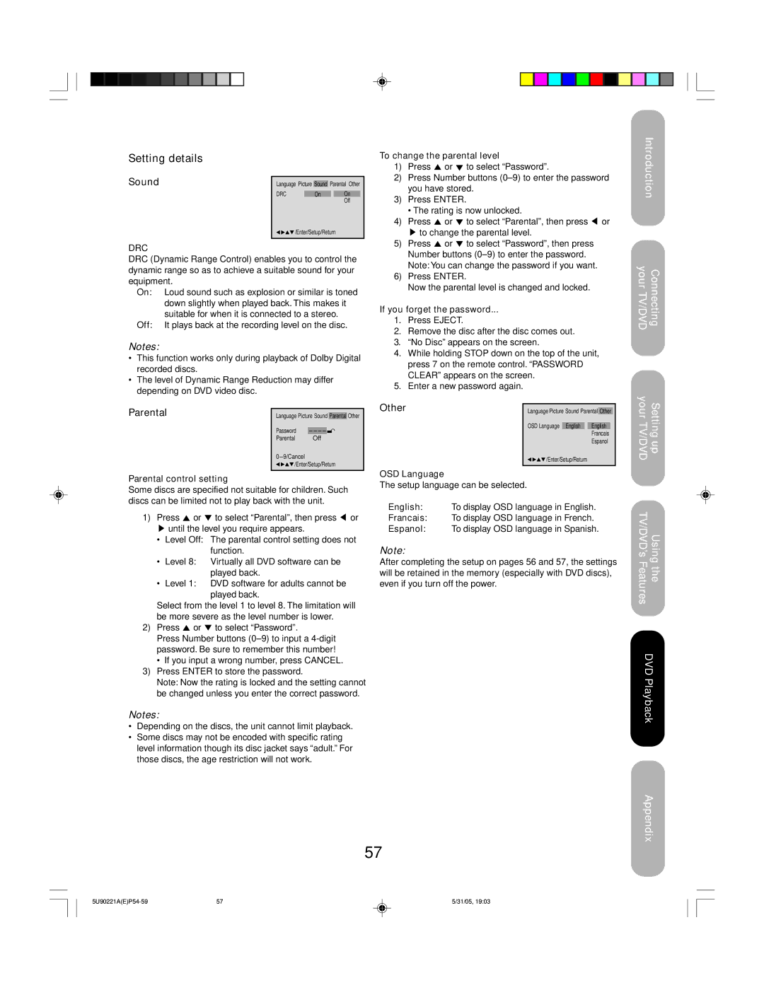 Toshiba 20HLV15 appendix Sound, Parental, Other 