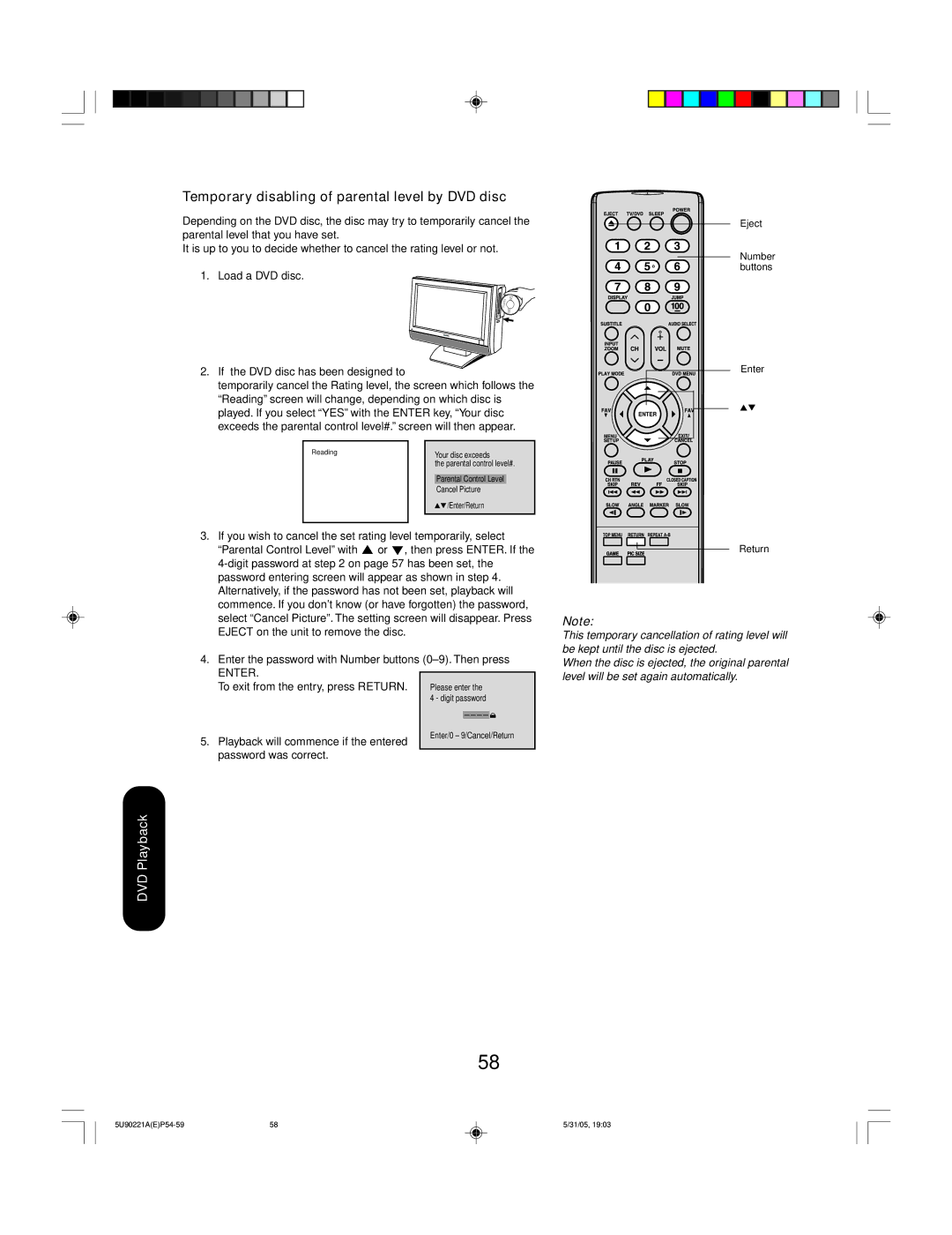 Toshiba 20HLV15 appendix Temporary disabling of parental level by DVD disc 