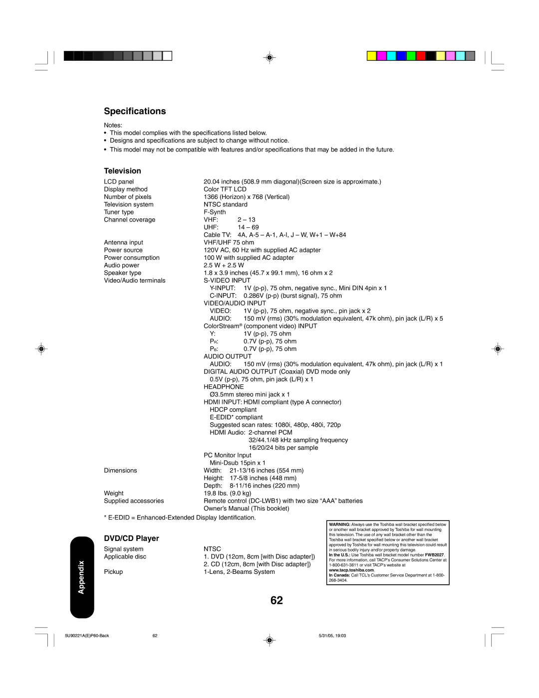 Toshiba 20HLV15 appendix Specifications, Television, DVD/CD Player 