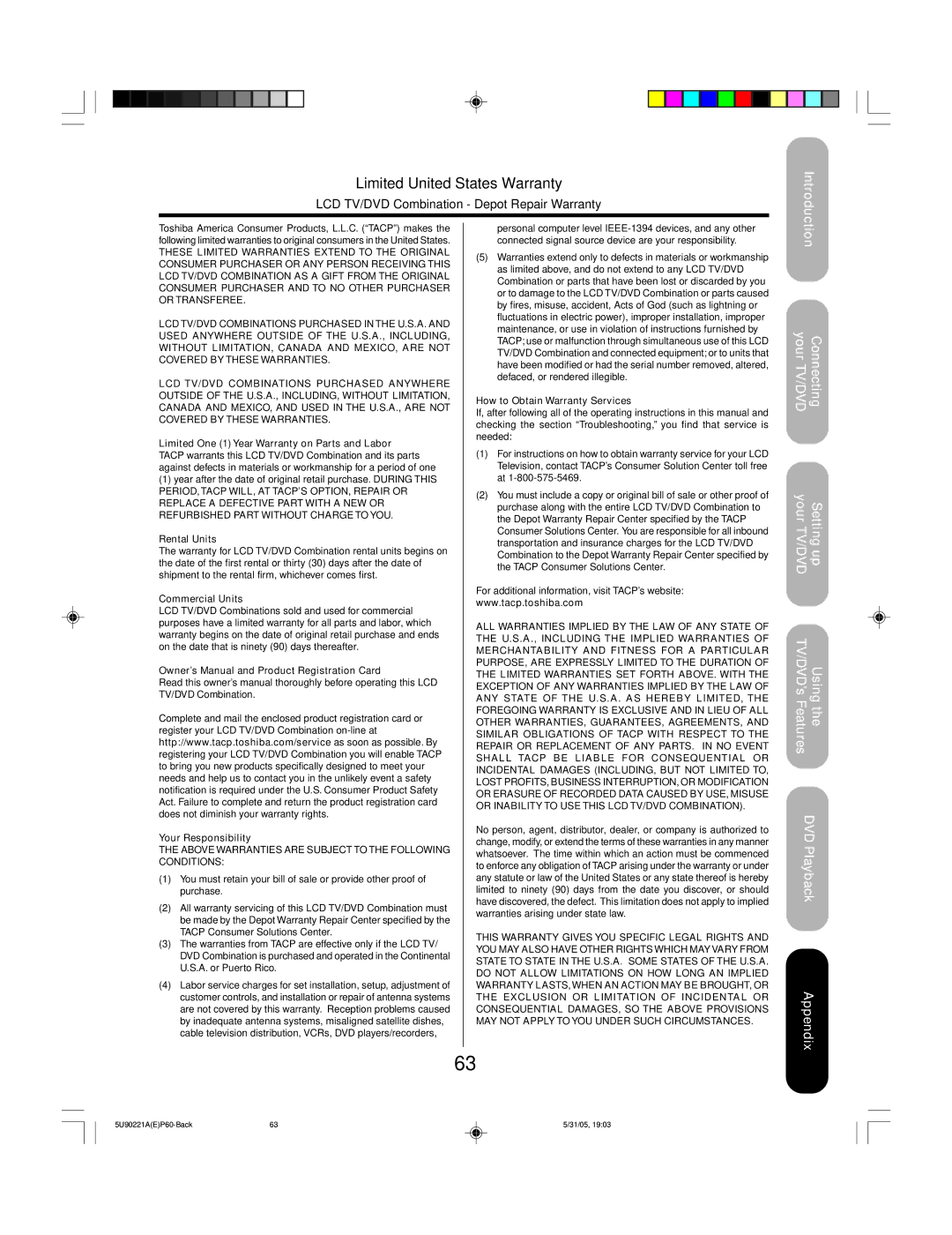 Toshiba 20HLV15 appendix Limited United States Warranty 