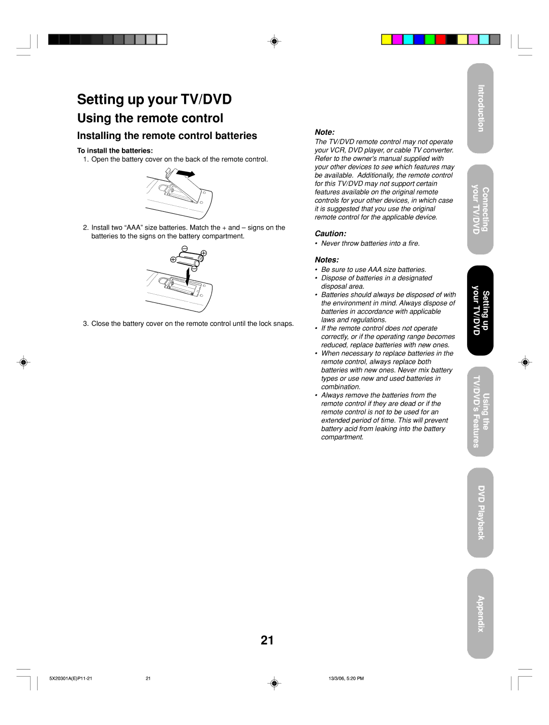 Toshiba 20HLV86 appendix Installing the remote control batteries, To install the batteries 