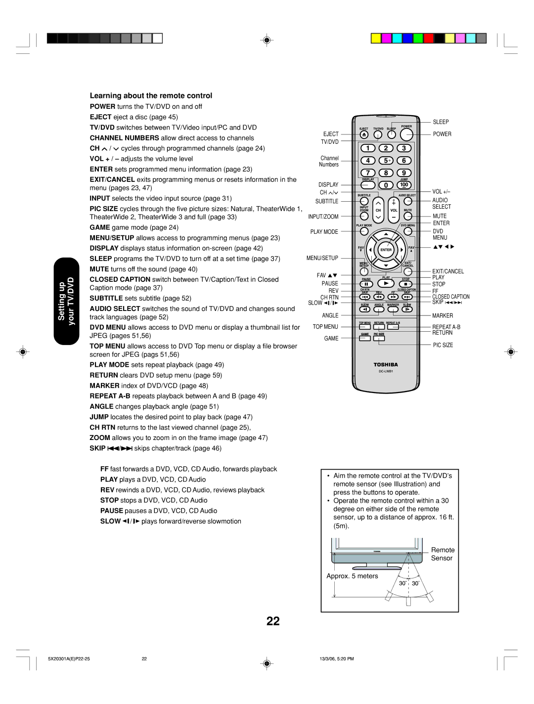 Toshiba 20HLV86 appendix Setting up your TV/DVD, Learning about the remote control 