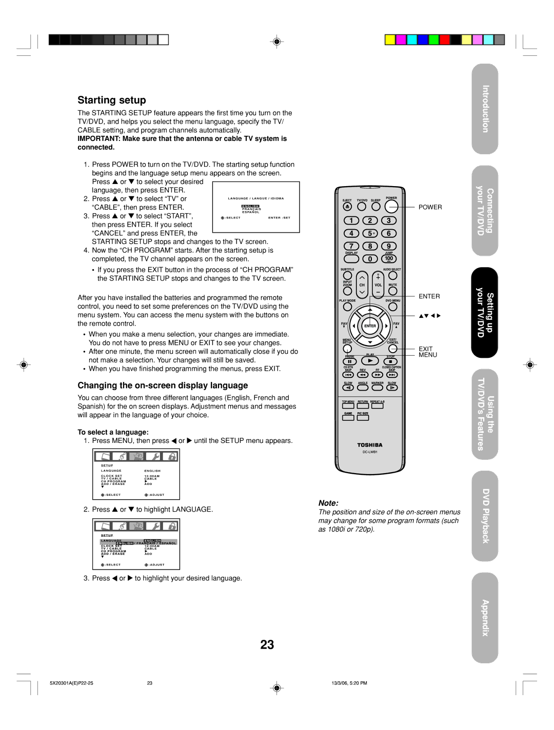 Toshiba 20HLV86 appendix Starting setup, Changing the on-screen display language, To select a language, Press 