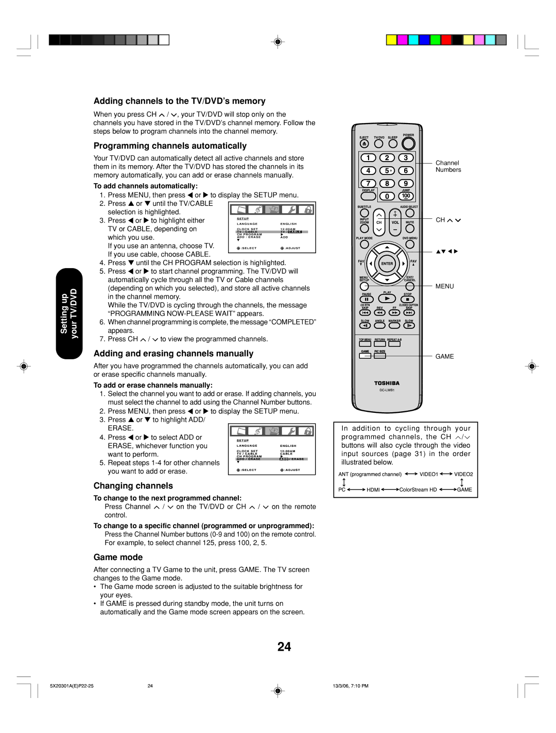 Toshiba 20HLV86 Adding channels to the TV/DVD’s memory, Programming channels automatically, Changing channels, Game mode 