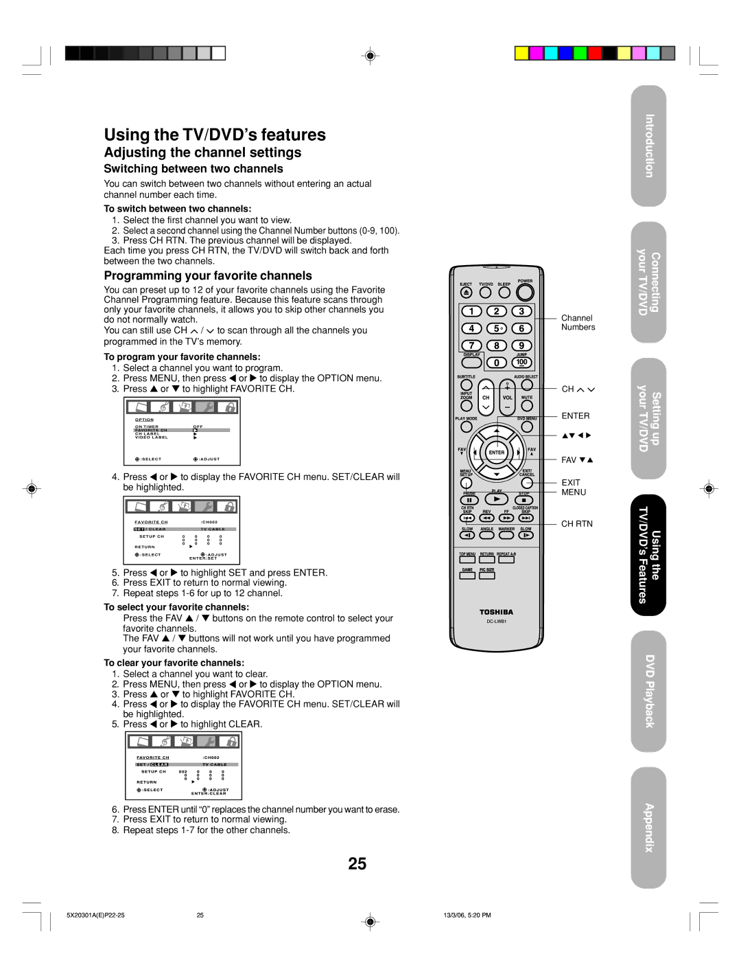 Toshiba 20HLV86 appendix Adjusting the channel settings, Switching between two channels, Programming your favorite channels 