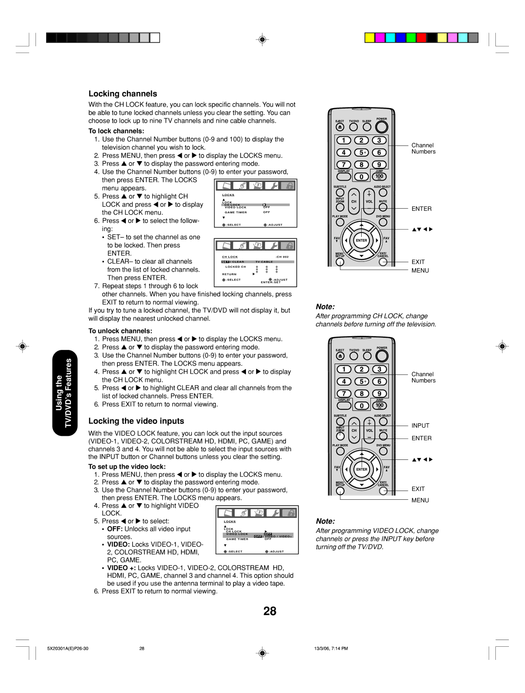 Toshiba 20HLV86 appendix Locking channels, Locking the video inputs 