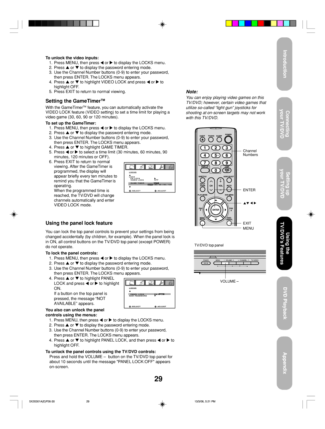 Toshiba 20HLV86 appendix Setting the GameTimerTM, Using the panel lock feature 