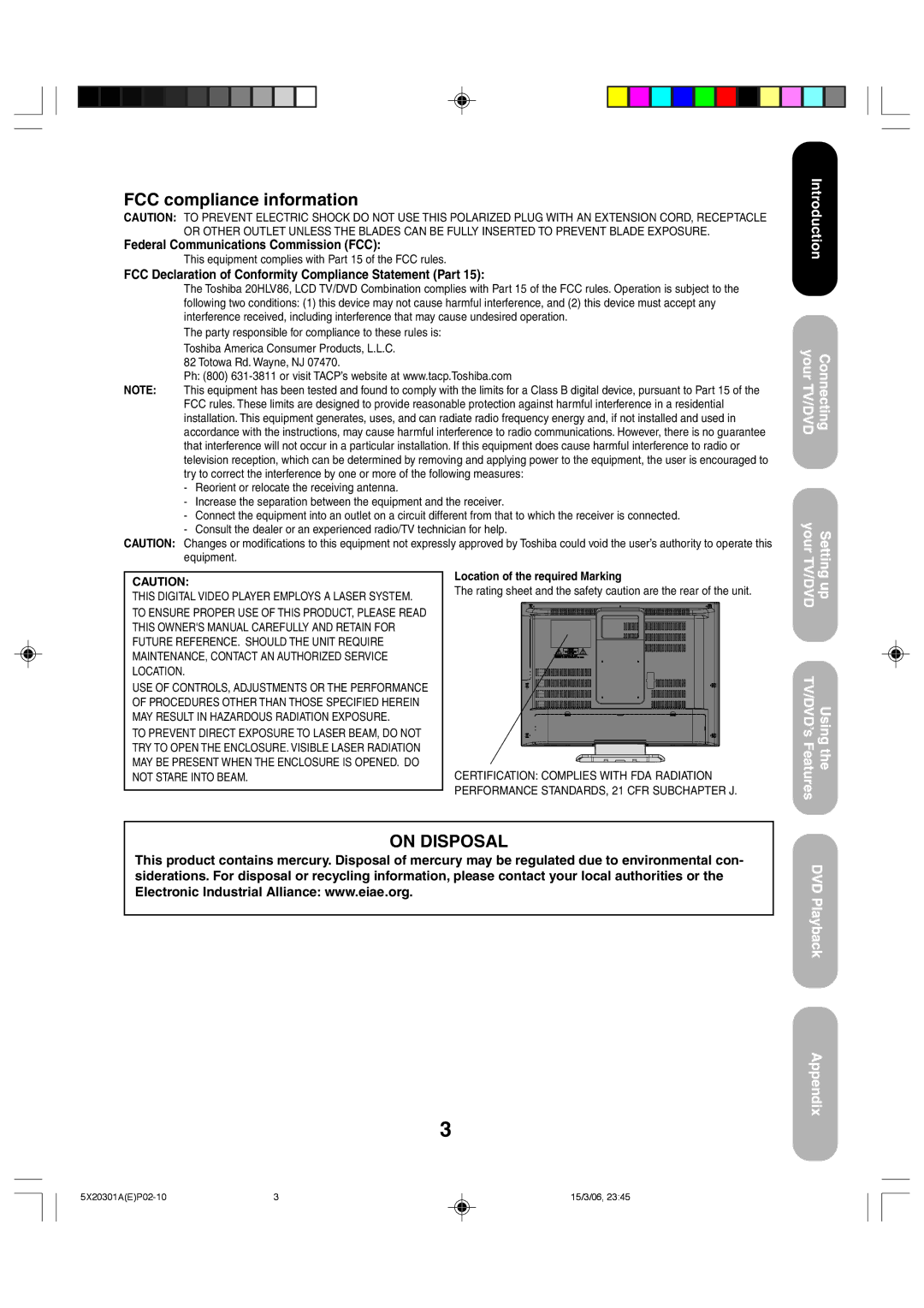 Toshiba 20HLV86 appendix FCC compliance information, FCC Declaration of Conformity Compliance Statement Part 