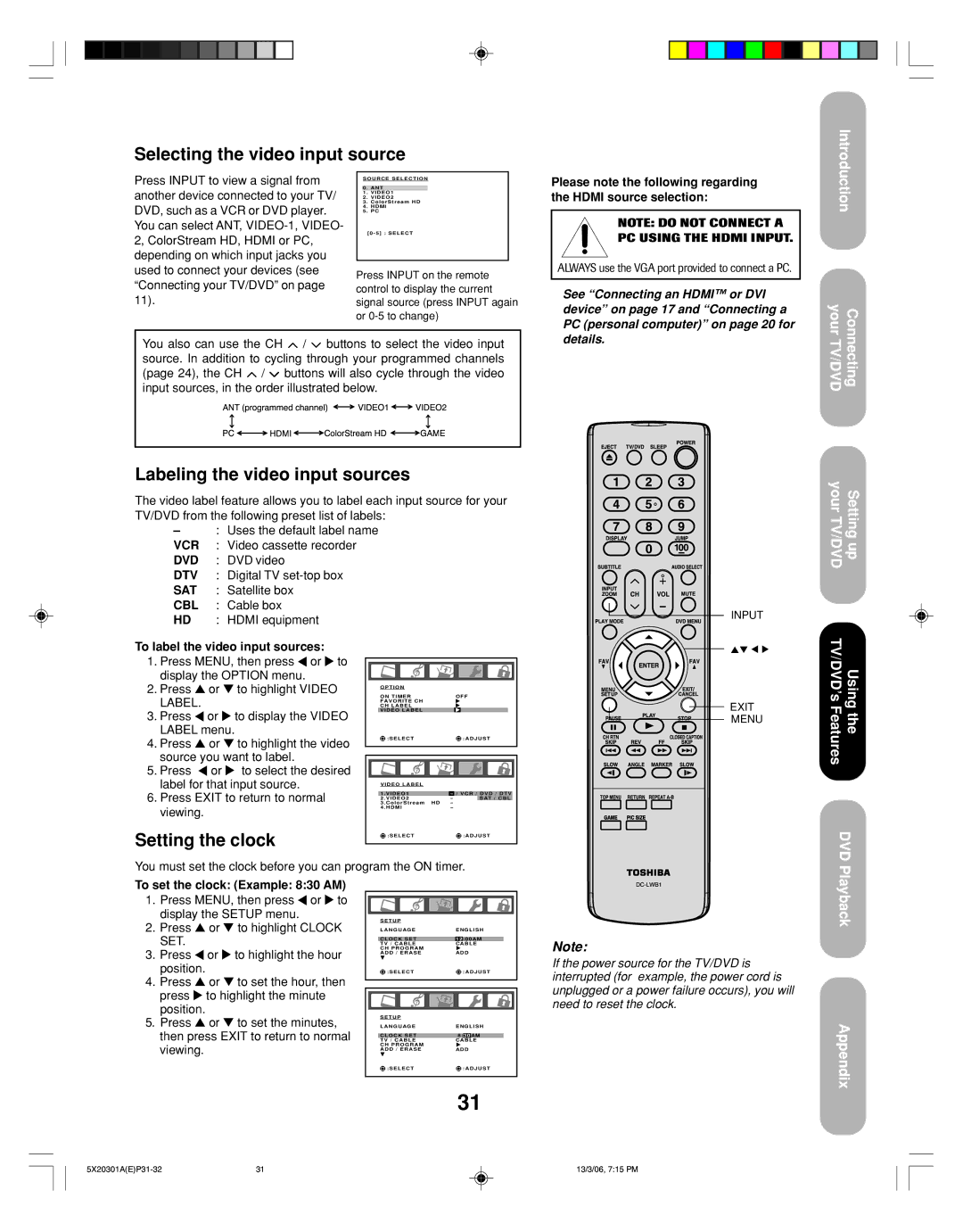 Toshiba 20HLV86 appendix Selecting the video input source, Labeling the video input sources, Setting the clock 