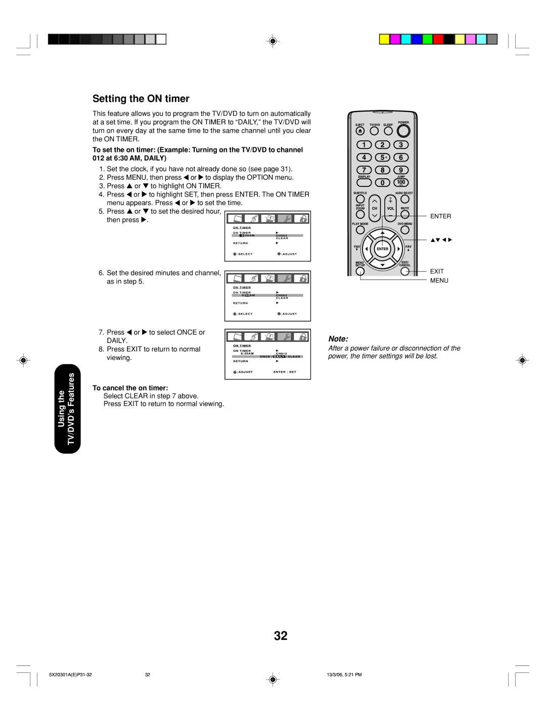 Toshiba 20HLV86 appendix Setting the on timer, Set the desired minutes and channel As in step, To cancel the on timer 