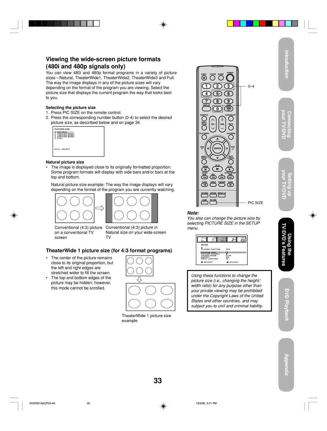 Toshiba 20HLV86 TheaterWide 1 picture size for 43 format programs, Selecting the picture size, Natural picture size 