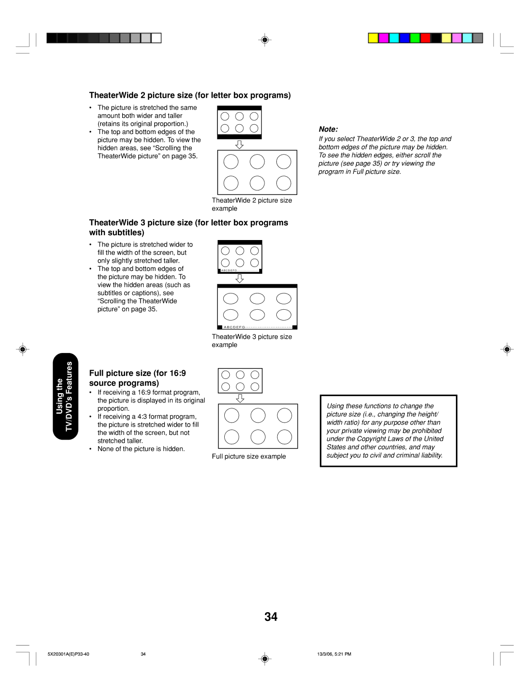 Toshiba 20HLV86 appendix TheaterWide 2 picture size for letter box programs, Full picture size for 169 source programs 