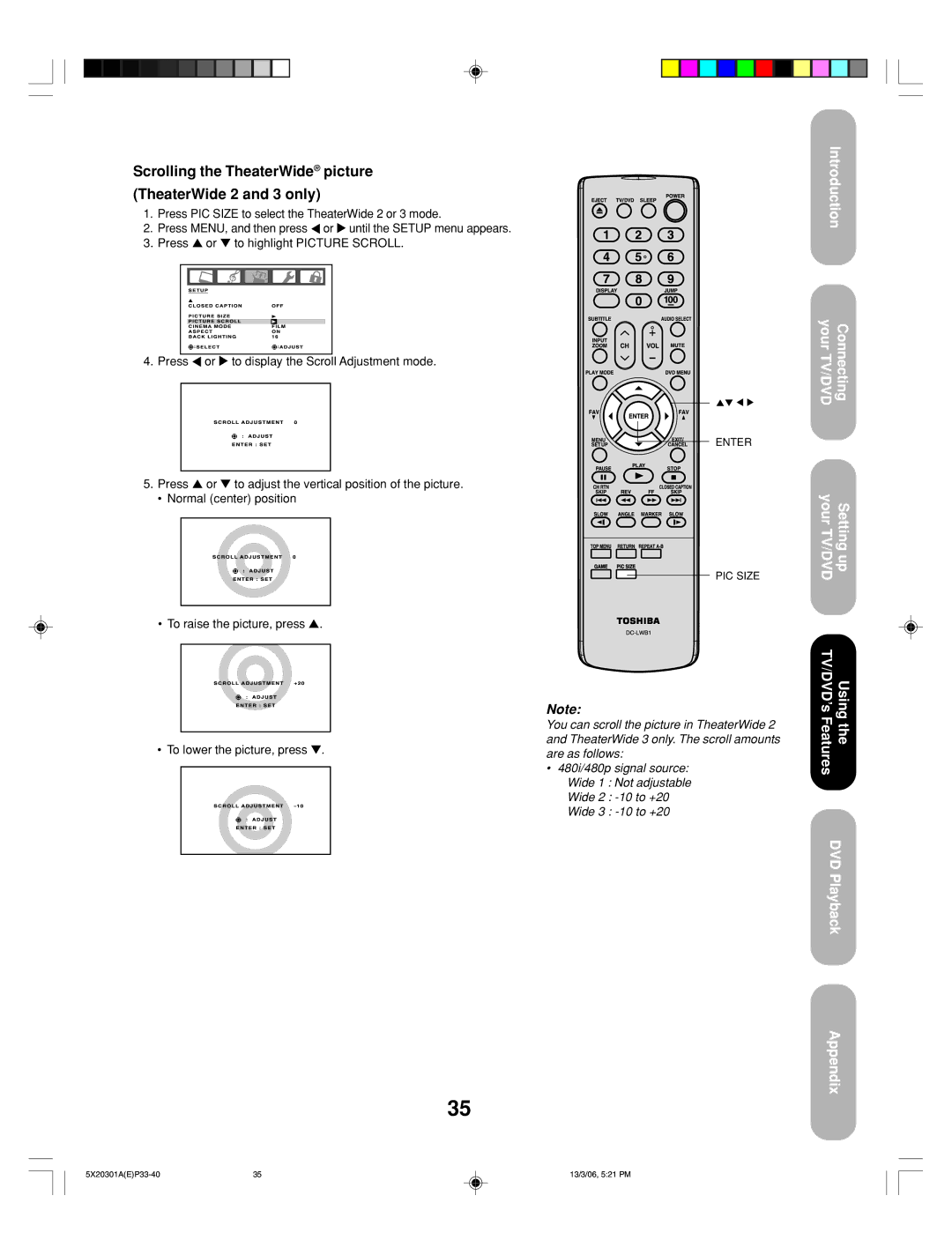 Toshiba 20HLV86 appendix Scrolling the TheaterWide picture TheaterWide 2 and 3 only 