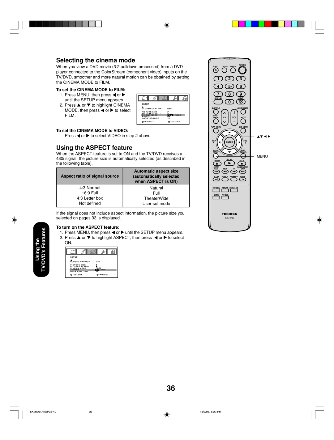 Toshiba 20HLV86 appendix Selecting the cinema mode, Using the Aspect feature, To set the Cinema Mode to Film 