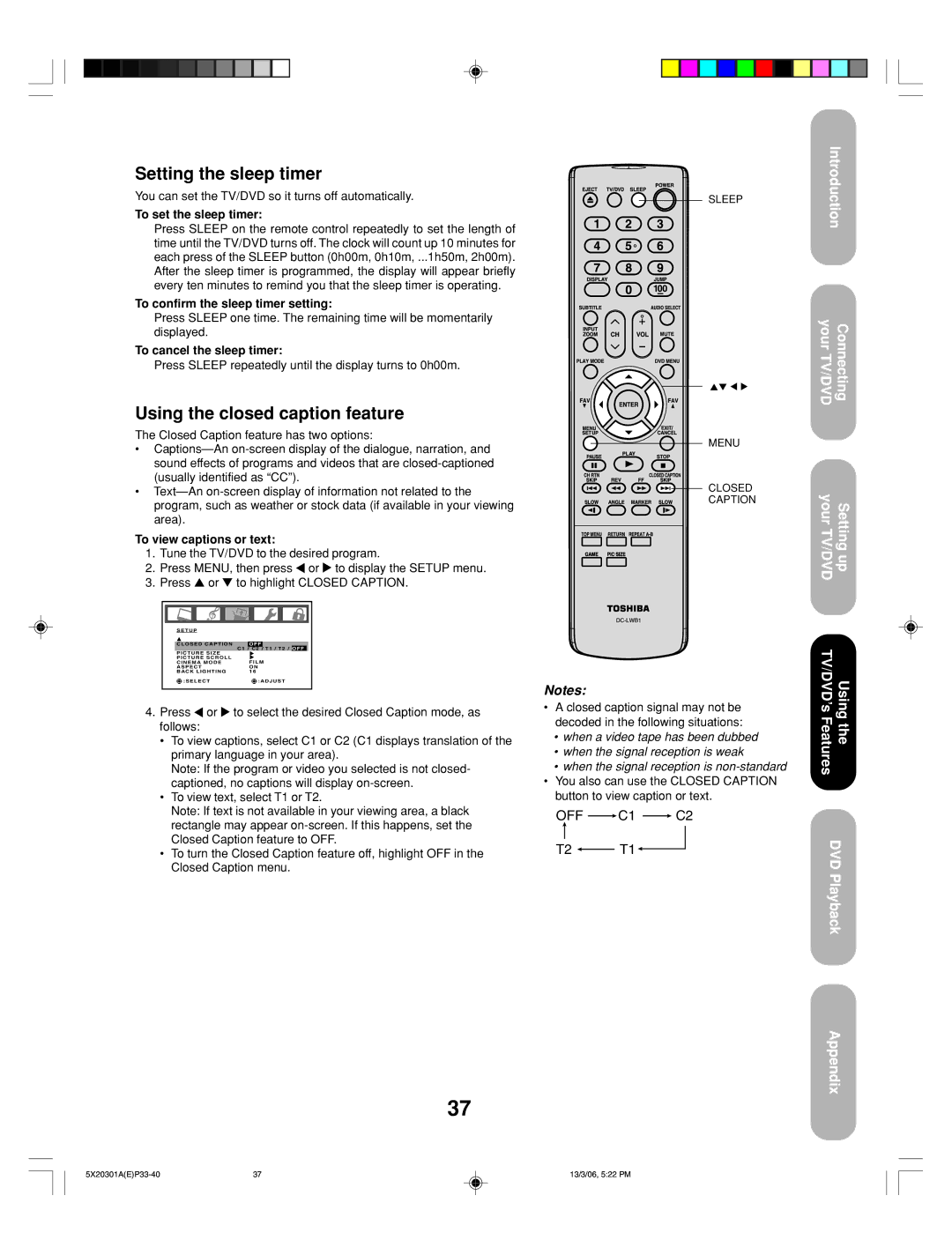 Toshiba 20HLV86 appendix Setting the sleep timer, Using the closed caption feature 