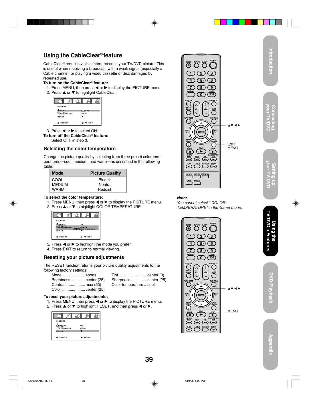 Toshiba 20HLV86 appendix Using the CableClear feature, Selecting the color temperature, Resetting your picture adjustments 