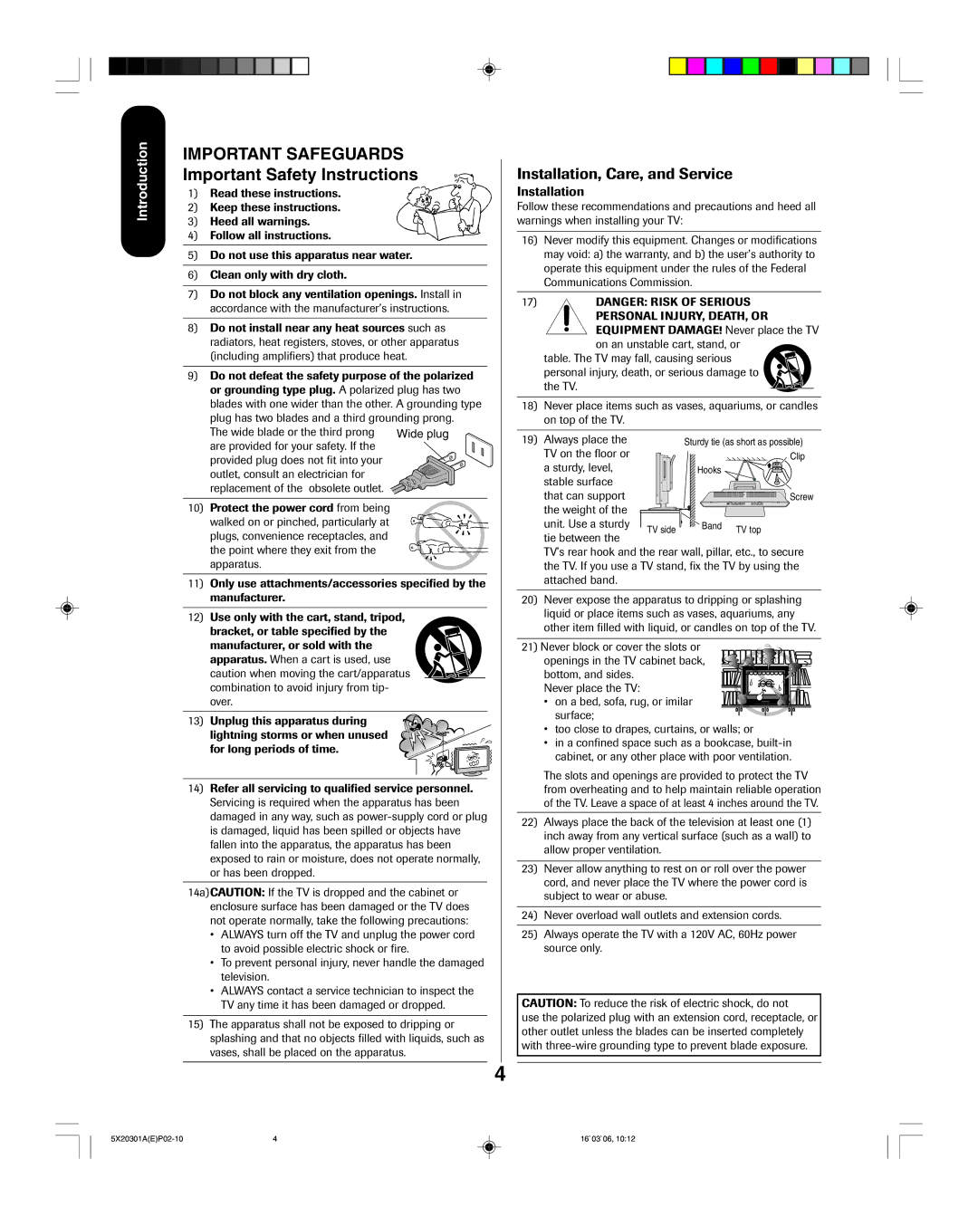 Toshiba 20HLV86 appendix Important Safeguards, Important Safety Instructions 