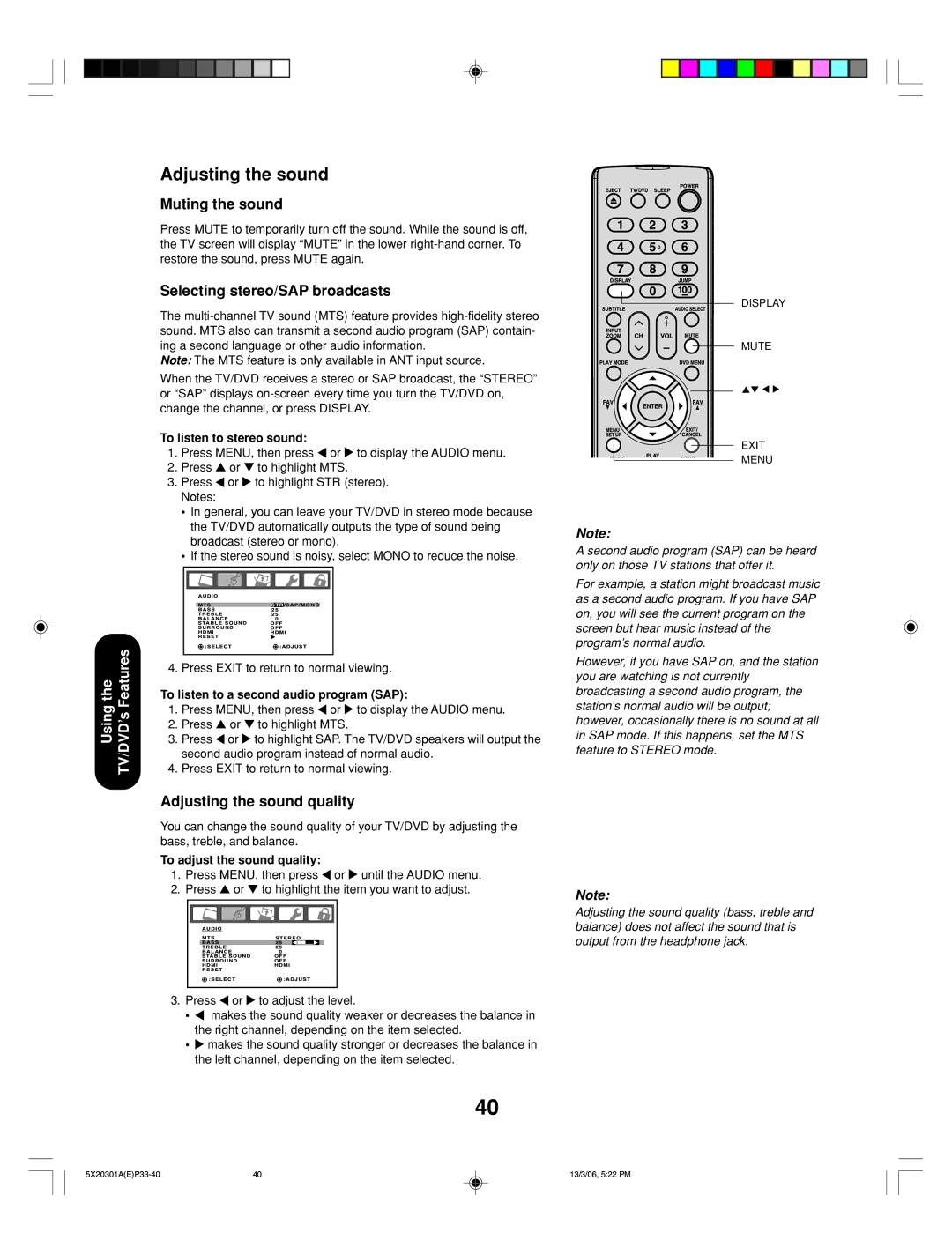 Toshiba 20HLV86 appendix Muting the sound, Selecting stereo/SAP broadcasts, Adjusting the sound quality 