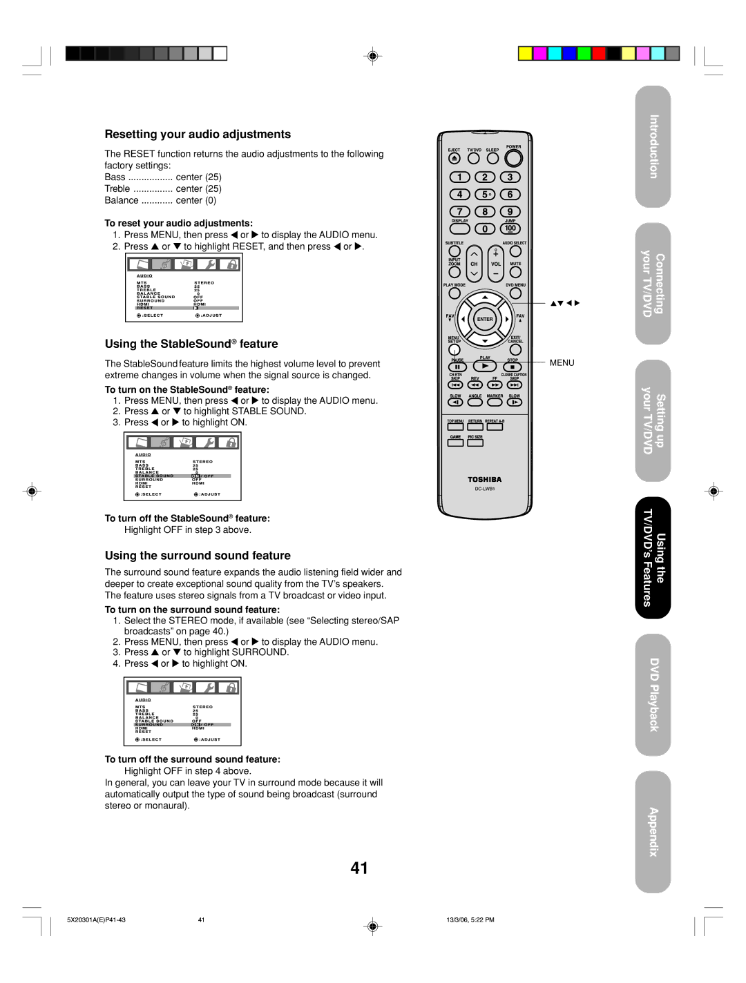 Toshiba 20HLV86 appendix Resetting your audio adjustments, Using the StableSound feature, Using the surround sound feature 