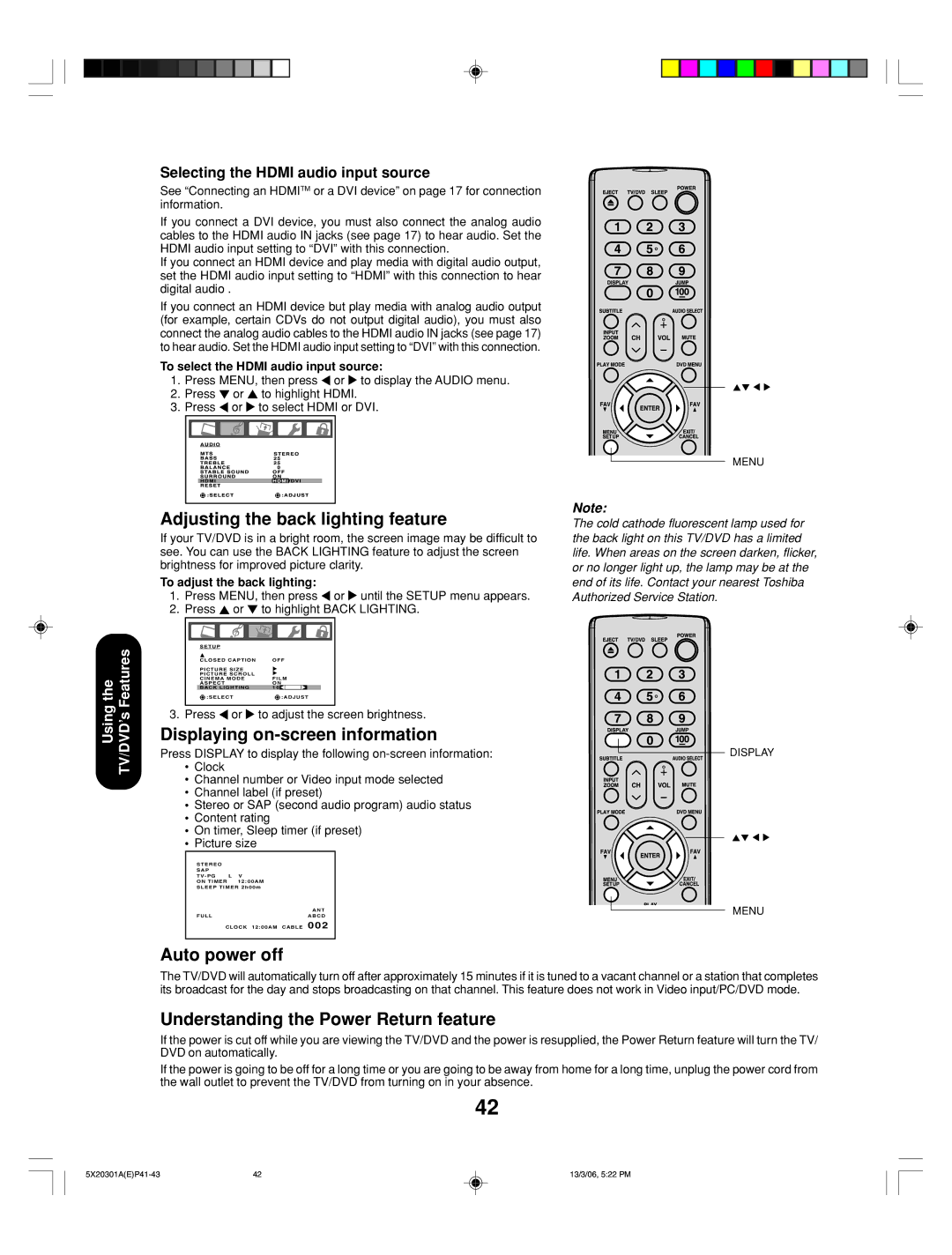 Toshiba 20HLV86 appendix Adjusting the back lighting feature, Displaying on-screen information, Auto power off 