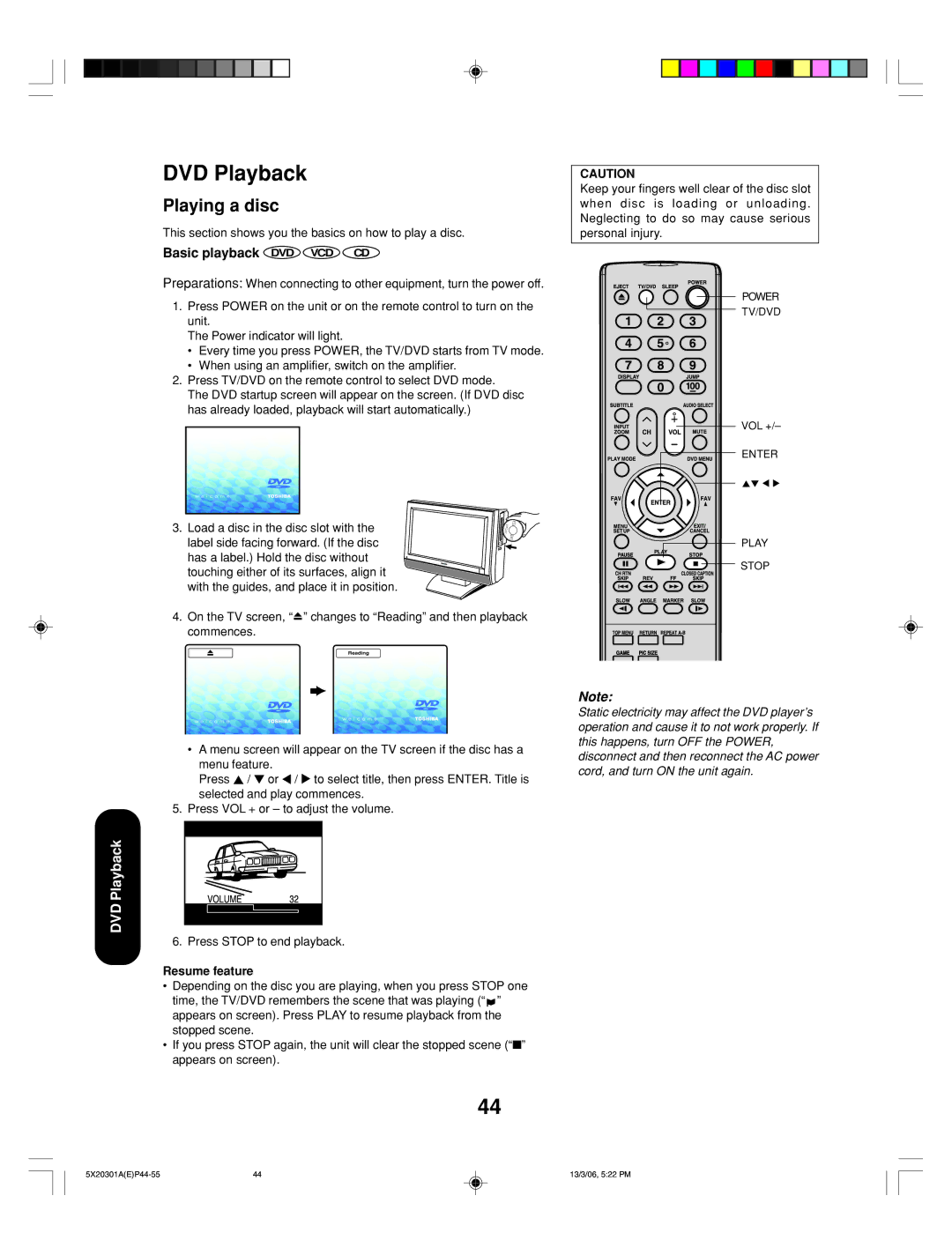 Toshiba 20HLV86 appendix Playing a disc, Basic playback DVD VCD CD, Resume feature 