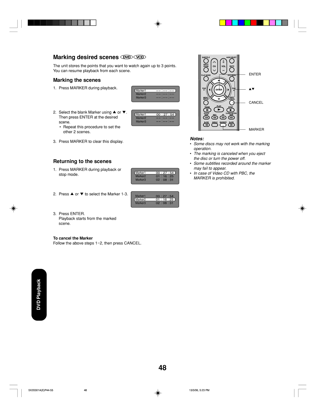 Toshiba 20HLV86 appendix Marking desired scenes DVD VCD, Marking the scenes, Returning to the scenes, To cancel the Marker 