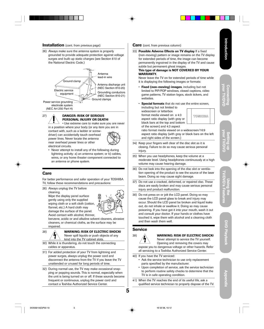 Toshiba 20HLV86 appendix Care 