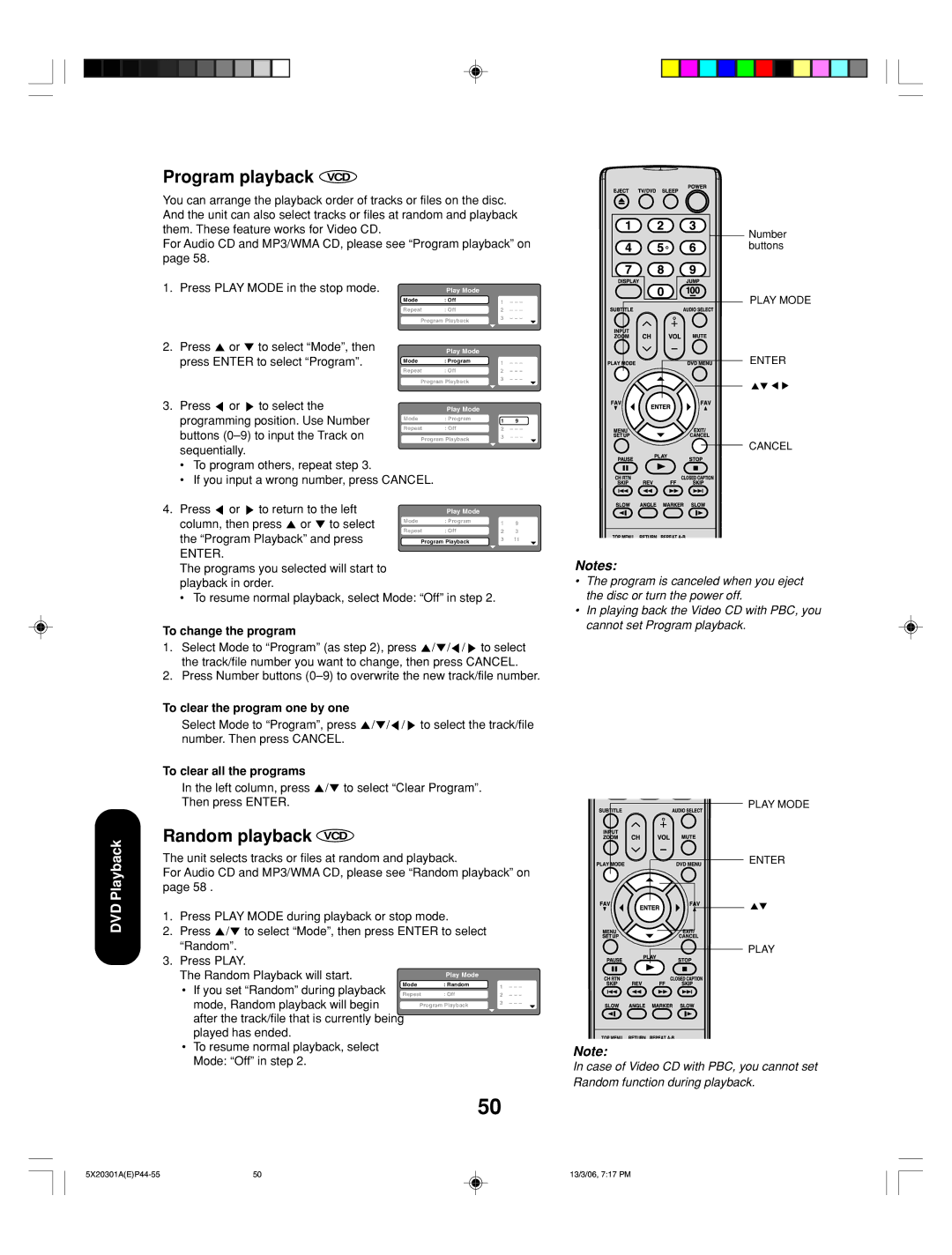 Toshiba 20HLV86 appendix Program playback VCD, Random playback VCD, To change the program, To clear the program one by one 