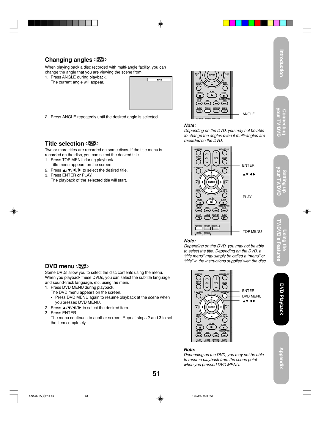 Toshiba 20HLV86 appendix Changing angles, Title selection, DVD menu 