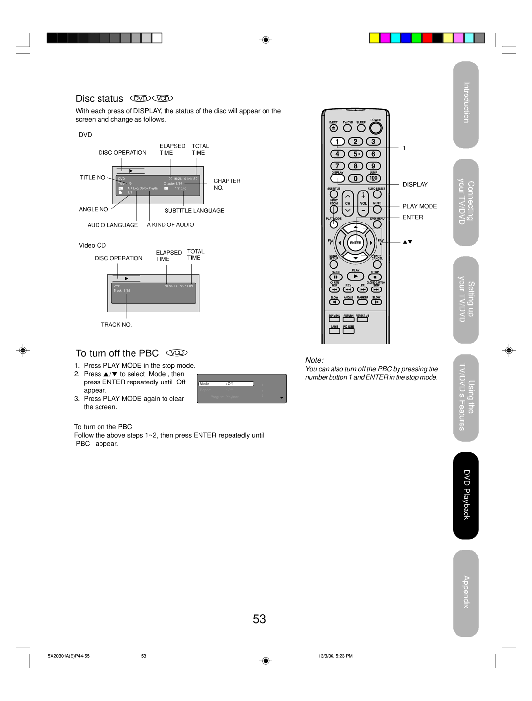 Toshiba 20HLV86 appendix Disc status DVD VCD, To turn off the PBC VCD, To turn on the PBC 