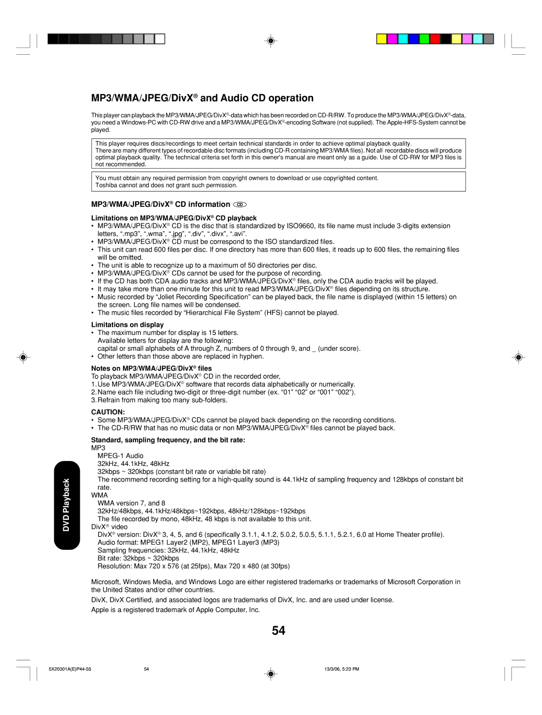 Toshiba 20HLV86 MP3/WMA/JPEG/DivX and Audio CD operation, MP3/WMA/JPEG/DivX CD information CD, Limitations on display 