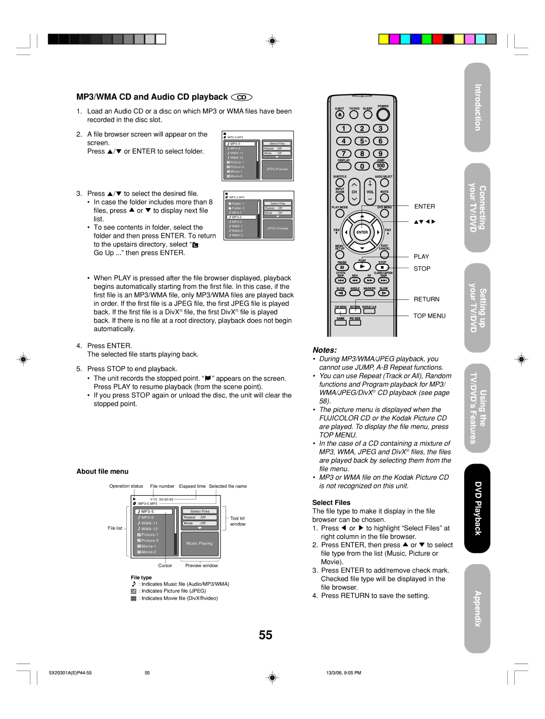 Toshiba 20HLV86 appendix MP3/WMA CD and Audio CD playback CD, About file menu, Select Files 