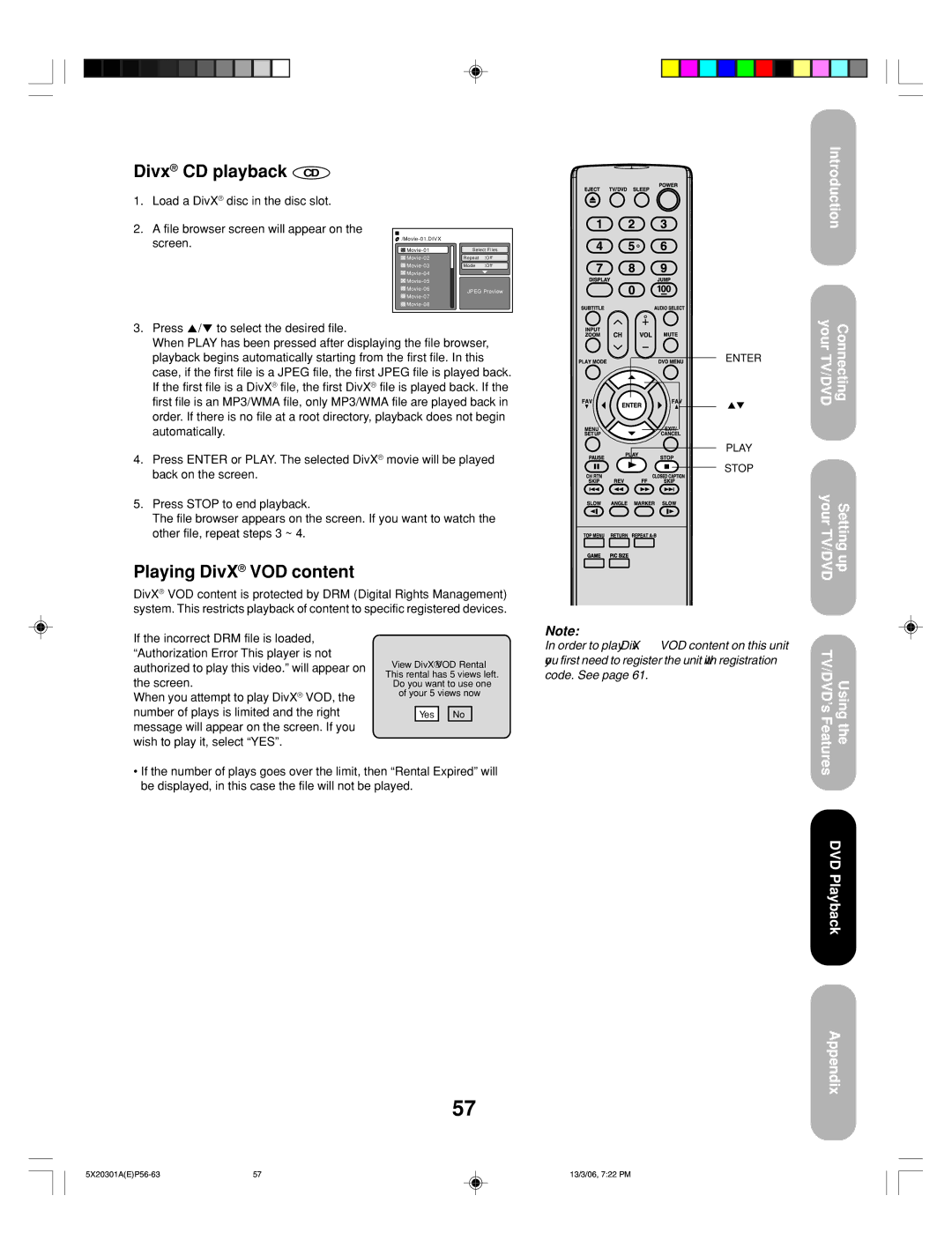 Toshiba 20HLV86 appendix Divx CD playback, Playing DivX VOD content 