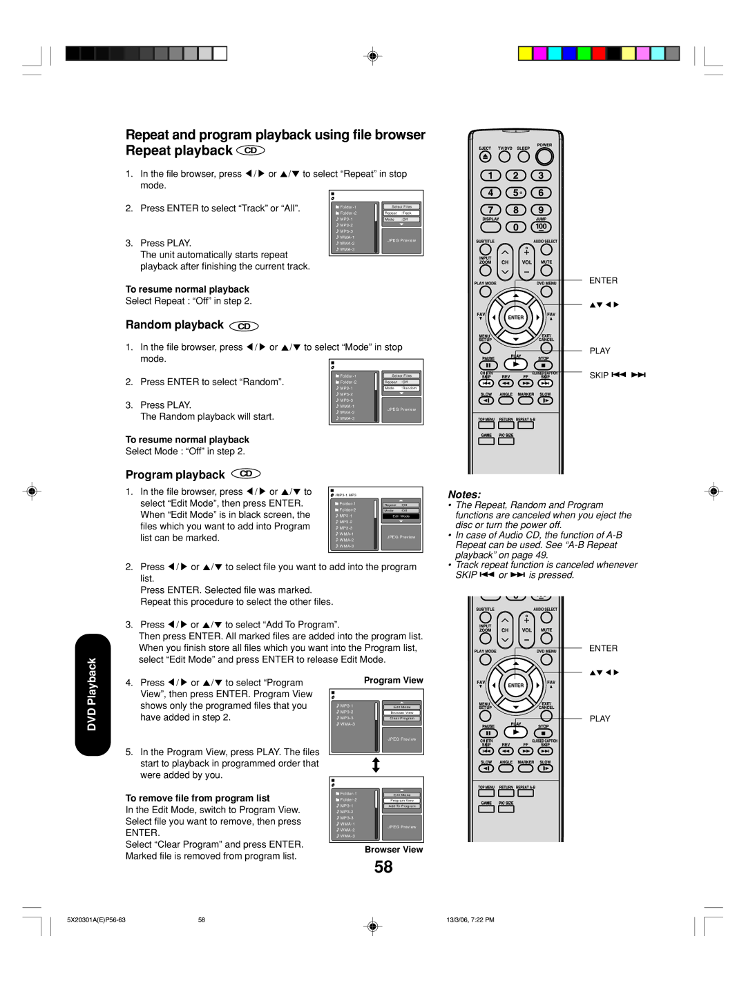 Toshiba 20HLV86 appendix Random playback CD, Program playback CD, To remove file from program list 