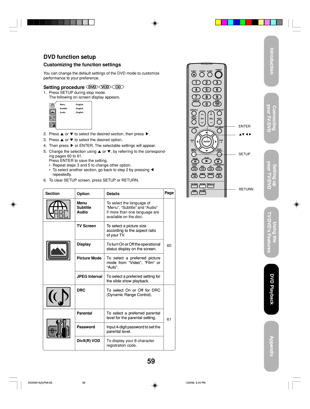 Toshiba 20HLV86 appendix DVD function setup, Customizing the function settings, Setting procedure DVD VCD CD 