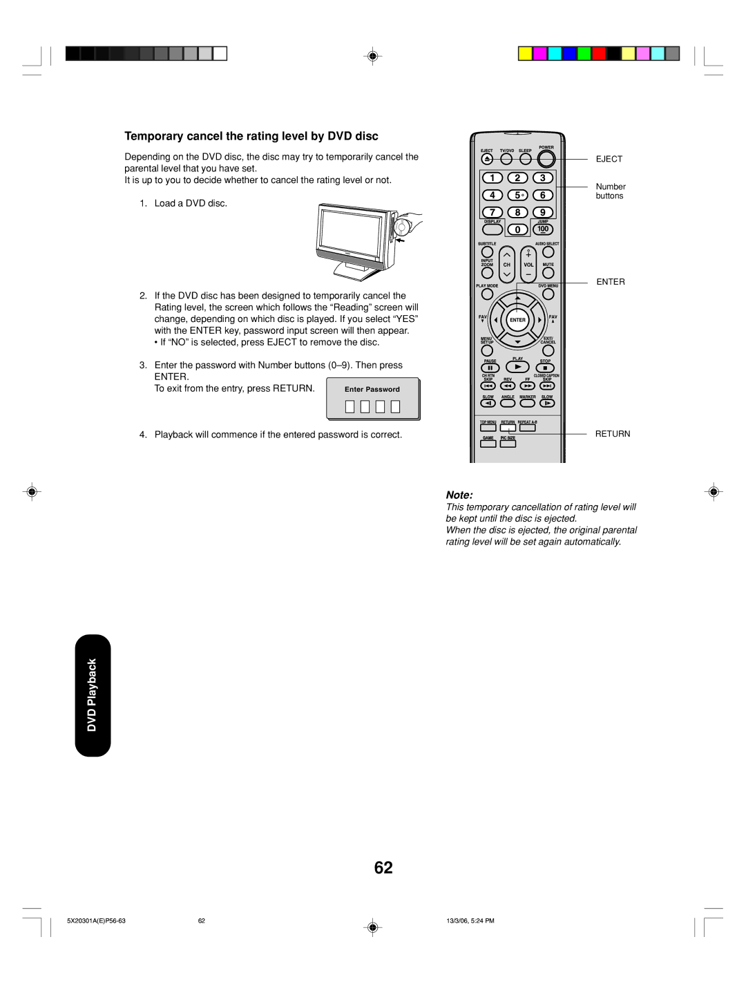 Toshiba 20HLV86 appendix Temporary cancel the rating level by DVD disc, To exit from the entry, press Return 