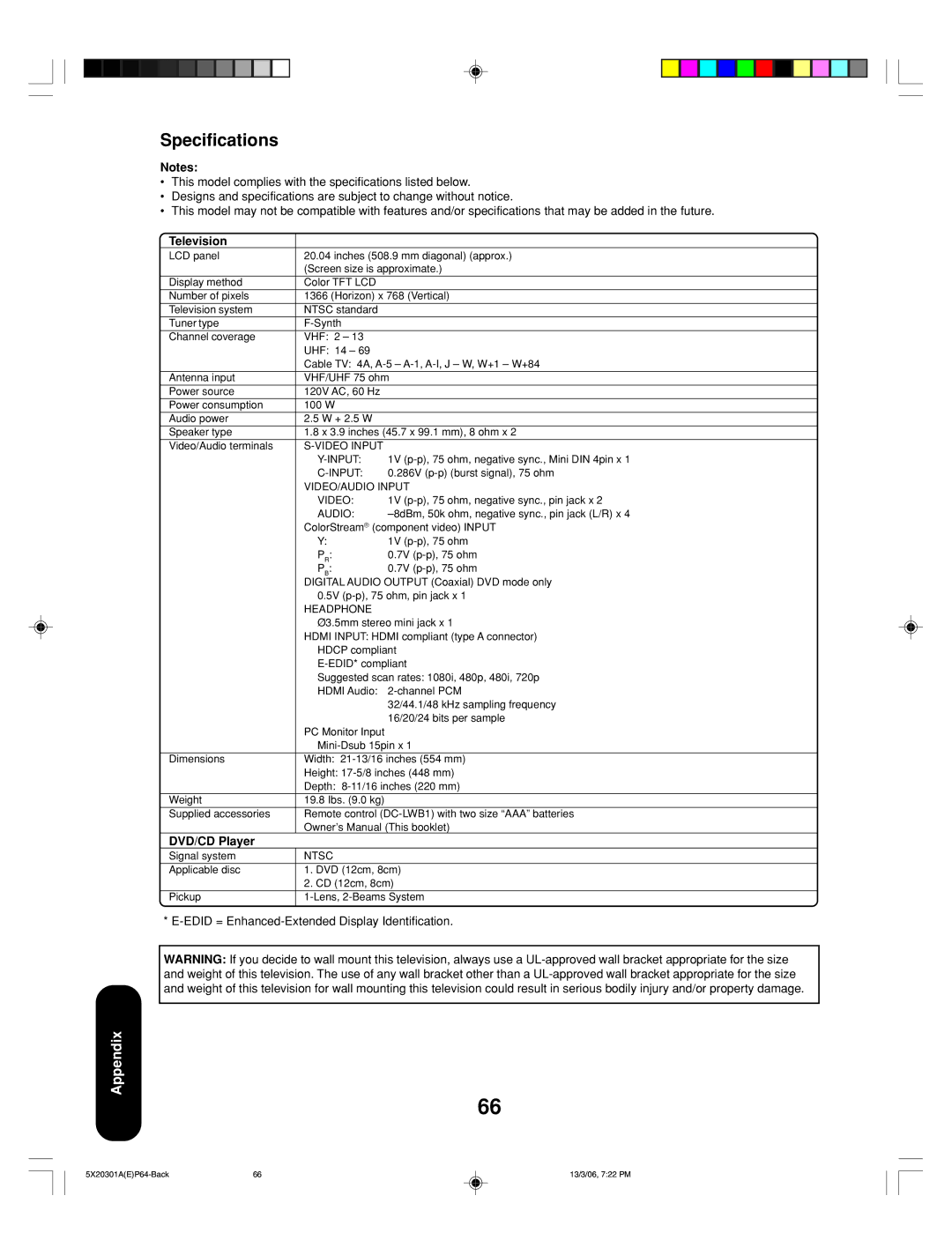 Toshiba 20HLV86 appendix Specifications, Television, DVD/CD Player 