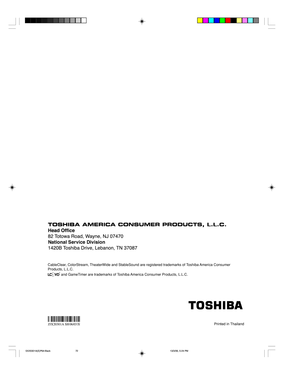 Toshiba 20HLV86 appendix National Service Division 