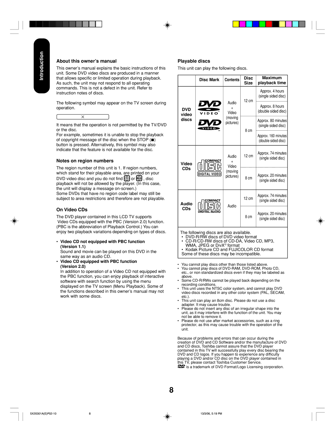 Toshiba 20HLV86 appendix On Video CDs, Playable discs 