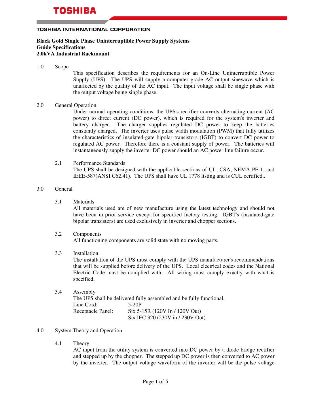 Toshiba 2.0kVA specifications 