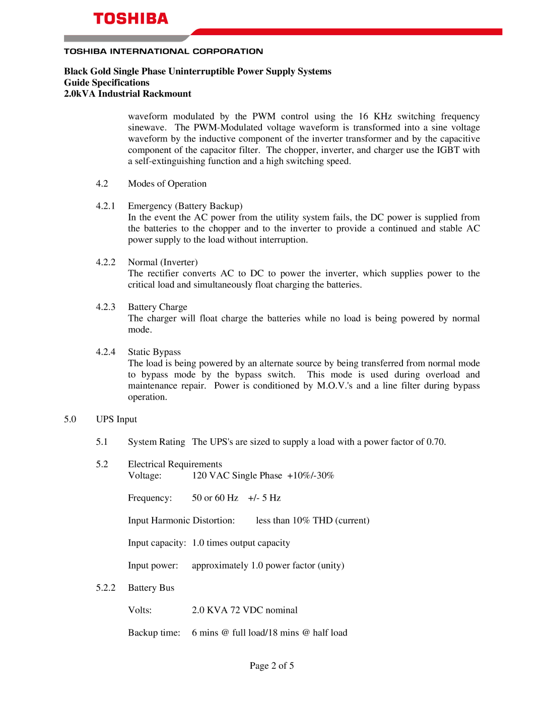 Toshiba 2.0kVA specifications Less than 10% THD current 