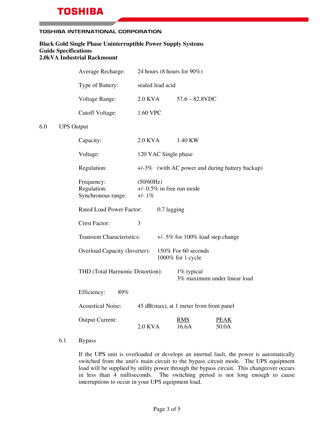 Toshiba 2.0kVA specifications RMS Peak 