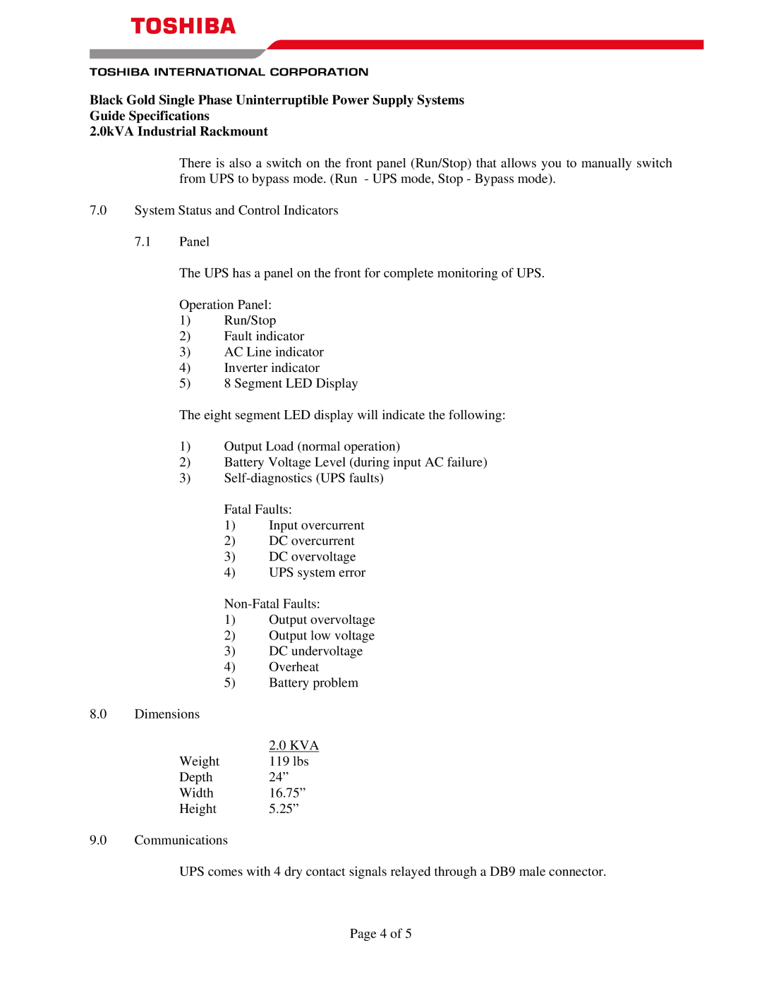 Toshiba 2.0kVA specifications Kva 